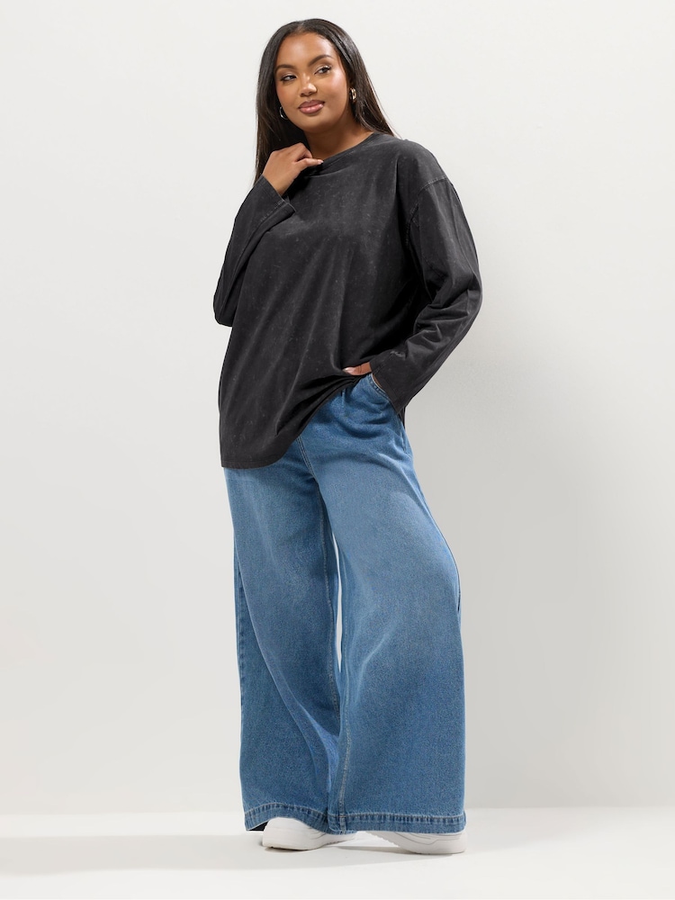 Yours Curve Grey Seam Detail Acid Wash Skater Top - Image 2 of 5