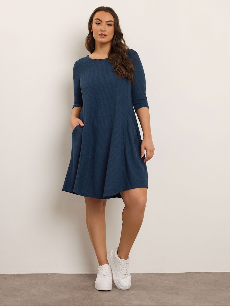Yours Curve Blue Ribbed Drape Pocket Dress - Image 1 of 5