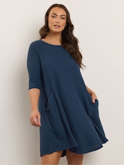 Yours Curve Blue Ribbed Drape Pocket Dress - Image 2 of 5