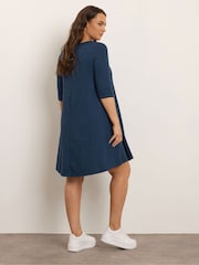 Yours Curve Blue Ribbed Drape Pocket Dress - Image 3 of 5