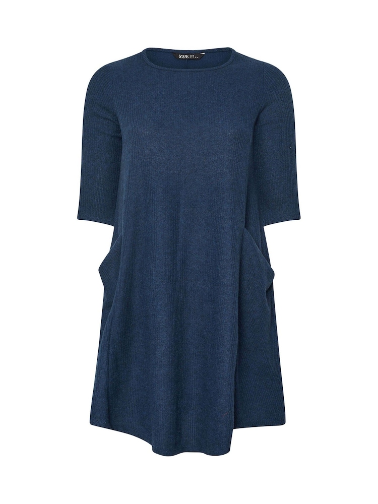 Yours Curve Blue Ribbed Drape Pocket Dress - Image 5 of 5