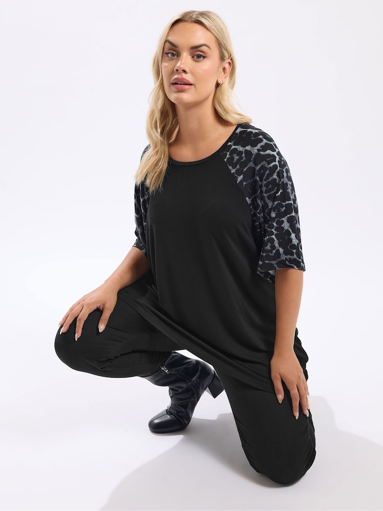 Yours Curve Black Raglan T-Shirt - Image 1 of 5