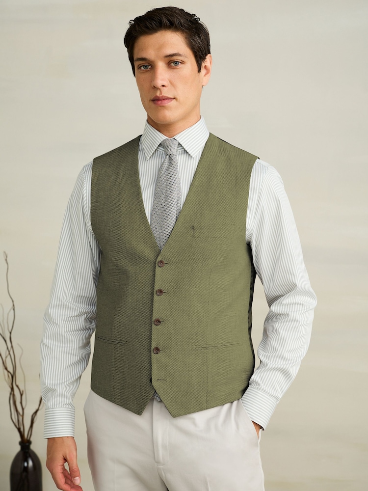 Green Textured Linen Blend Waistcoat - Image 1 of 4 Green Textured Linen Blend Waistcoat - Image 1 of 4