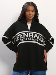 Yours Curve Black Quarter Zip Neck Slogan Jumper - Image 1 of 5