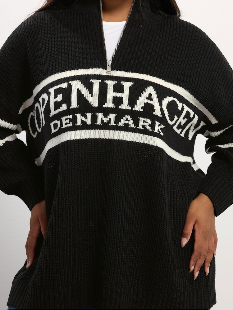 Yours Curve Black Quarter Zip Neck Slogan Jumper - Image 2 of 5 Yours Curve Black Quarter Zip Neck Slogan Jumper - Image 2 of 5