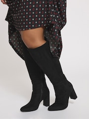 Yours Curve Black Wide Fit Wide Fit Heeled Micro Knee High Boots - Image 1 of 5