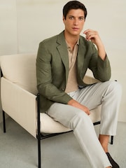 Green Slim Fit Textured Linen Blend Blazer - Image 2 of 11