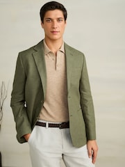 Green Slim Fit Textured Linen Blend Blazer - Image 4 of 11