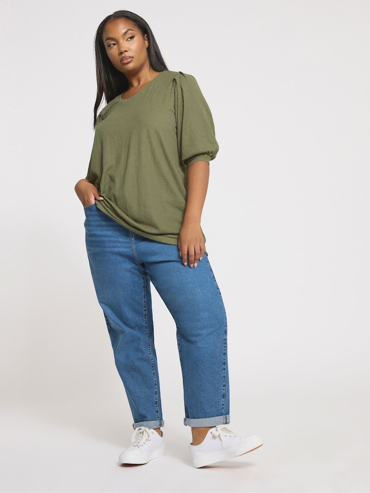 Yours Curve Green Textured V-Neck Blouse - Image 2 of 5 Yours Curve Green Textured V-Neck Blouse - Image 2 of 5