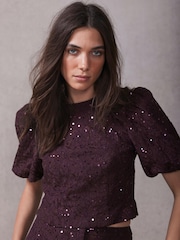 Mint Velvet Red Sequin Lace Puff Sleeve Blouse - Image 2 of 8