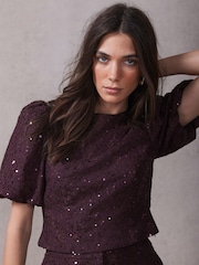 Mint Velvet Red Sequin Lace Puff Sleeve Blouse - Image 3 of 8