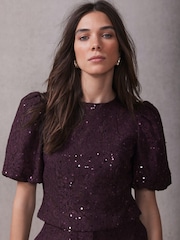Mint Velvet Red Sequin Lace Puff Sleeve Blouse - Image 6 of 8