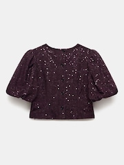 Mint Velvet Red Sequin Lace Puff Sleeve Blouse - Image 8 of 8