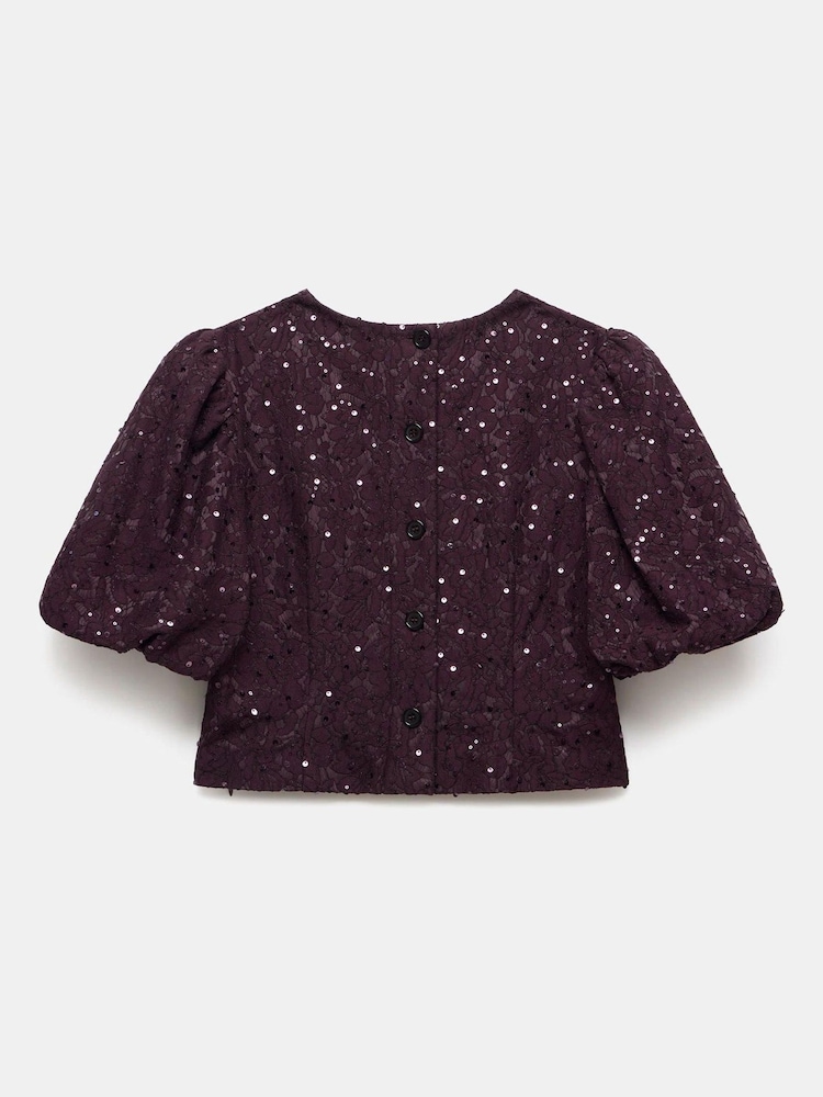 Mint Velvet Red Sequin Lace Puff Sleeve Blouse - Image 8 of 8