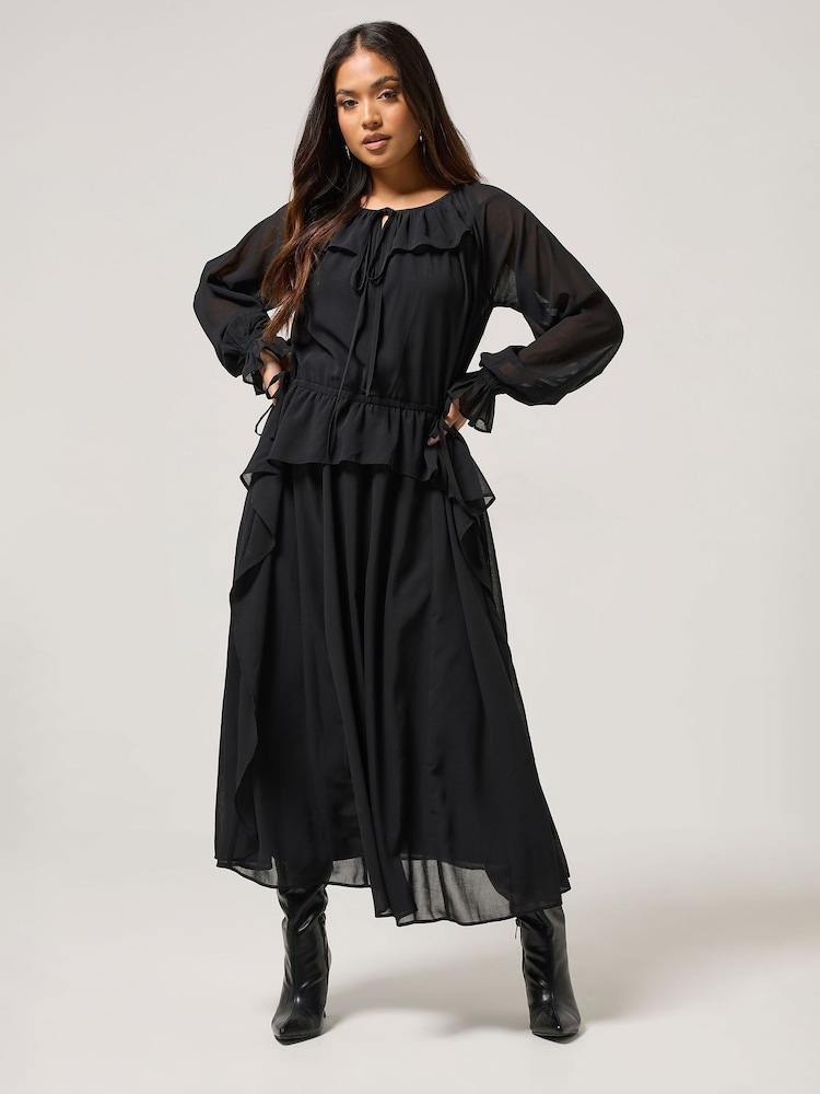 PixieGirl Petite Black Frill Tie Waist Dress - Image 2 of 5