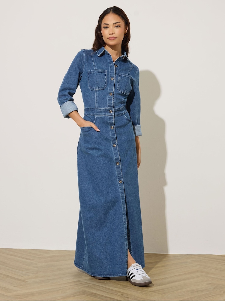 PixieGirl Petite Blue Stretch Maxi Denim Shirt Dress - Image 1 of 5