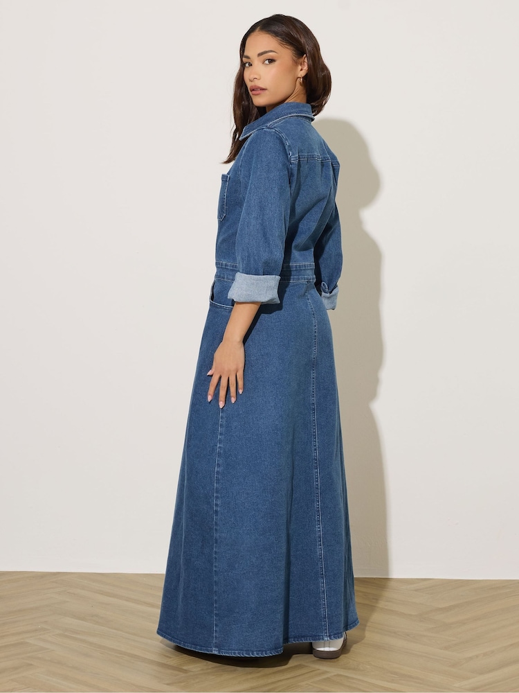 PixieGirl Petite Blue Stretch Maxi Denim Shirt Dress - Image 2 of 5
