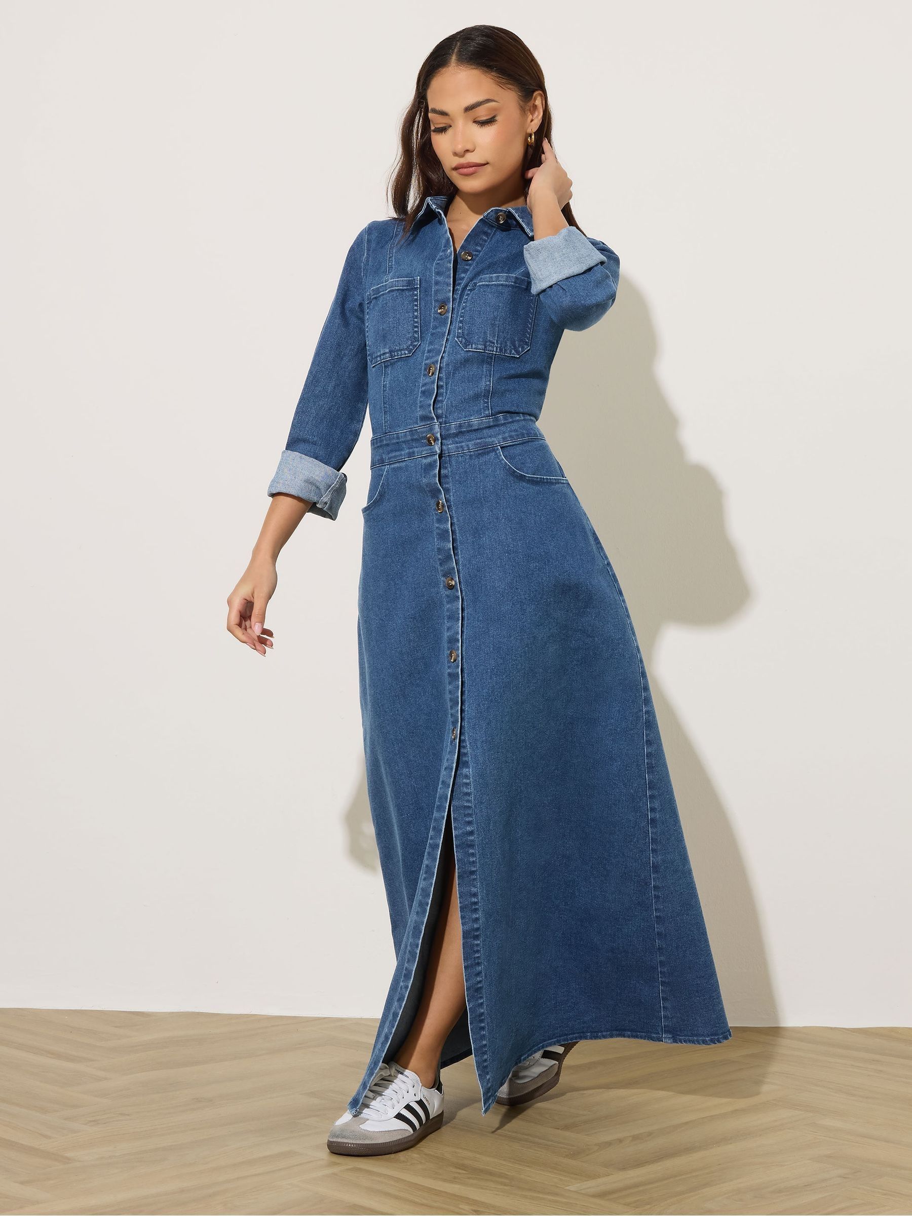 Buy PixieGirl Petite Blue Stretch Maxi Denim Shirt Dress from Next USA