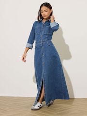 PixieGirl Petite Blue Stretch Maxi Denim Shirt Dress - Image 3 of 5