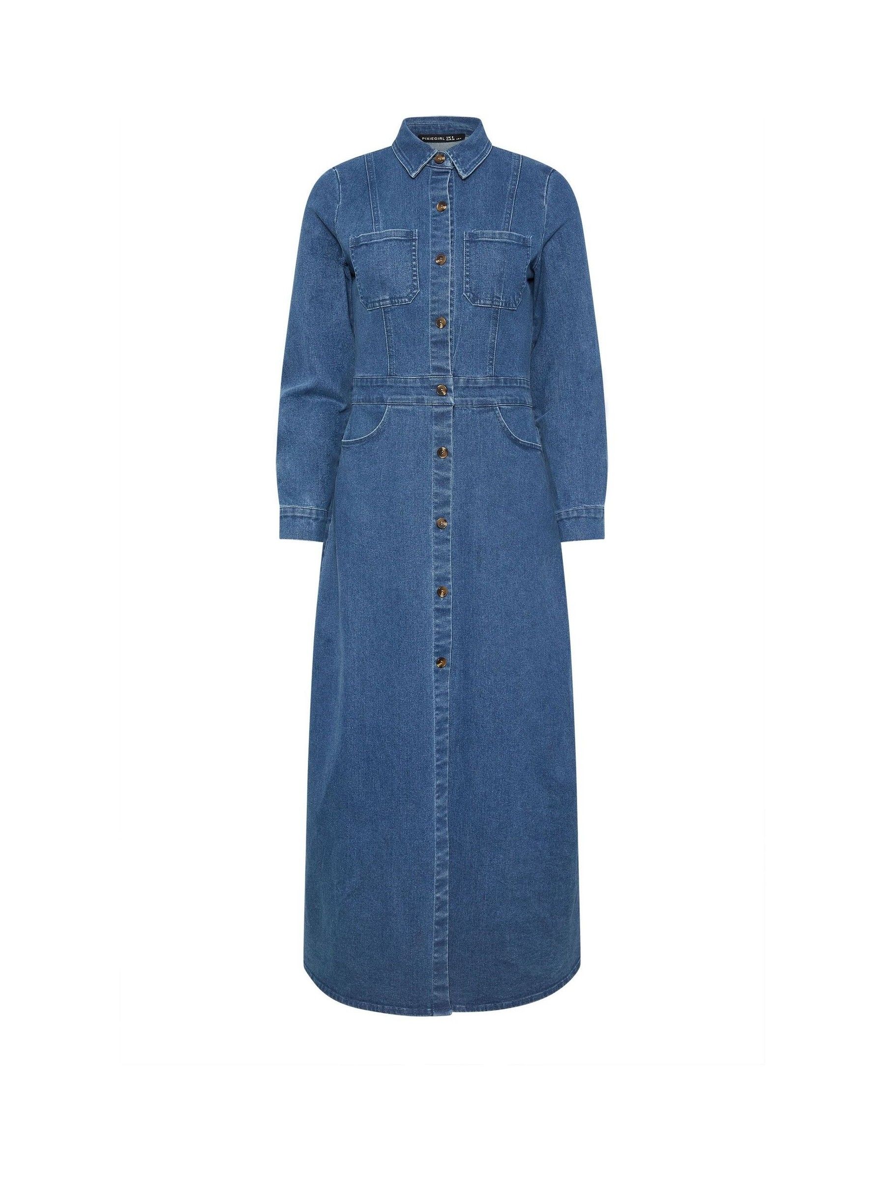 Buy PixieGirl Petite Blue Stretch Maxi Denim Shirt Dress from Next USA