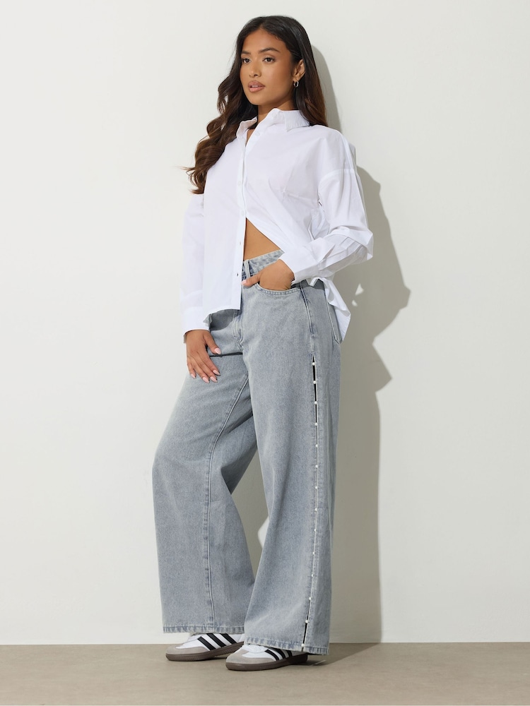 PixieGirl Petite Blue Pearl Side Wide Leg Jeans - Image 1 of 6 PixieGirl Petite Blue Pearl Side Wide Leg Jeans - Image 1 of 6