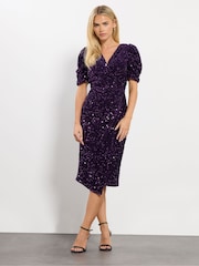M&Co Purple Petite Sequin Velvet Wrap Dress - Image 1 of 5