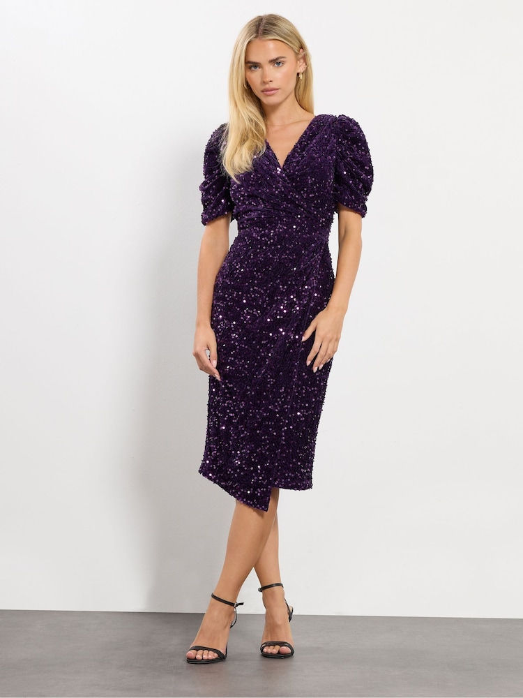 M&Co Purple Petite Sequin Velvet Wrap Dress - Image 1 of 5