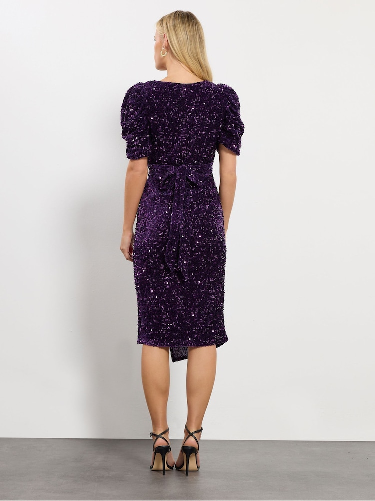M&Co Purple Petite Sequin Velvet Wrap Dress - Image 2 of 5