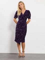 M&Co Purple Petite Sequin Velvet Wrap Dress - Image 3 of 5