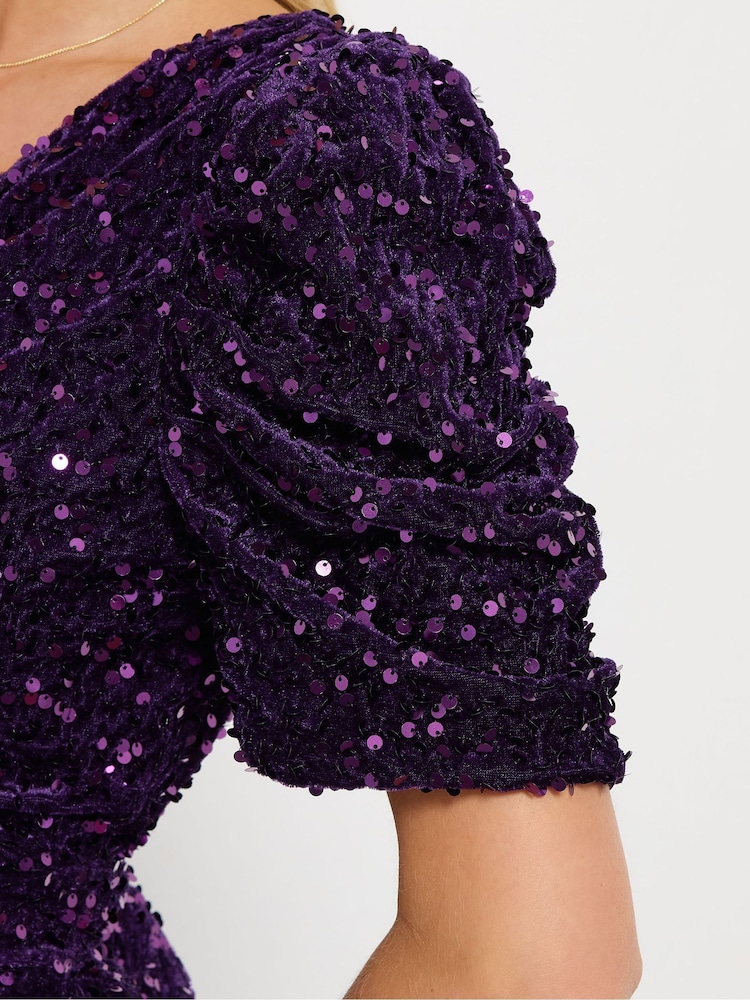 purple velvet sequin dress 80s Vintage Purple Velvet Beaded Sequin Bodycon Midi Dress