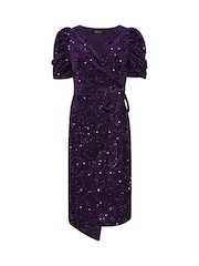 M&Co Purple Petite Sequin Velvet Wrap Dress - Image 5 of 5