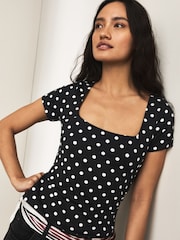 Black/Ecru Polka Dot Square Neck Short Sleeve Top - Image 1 of 7
