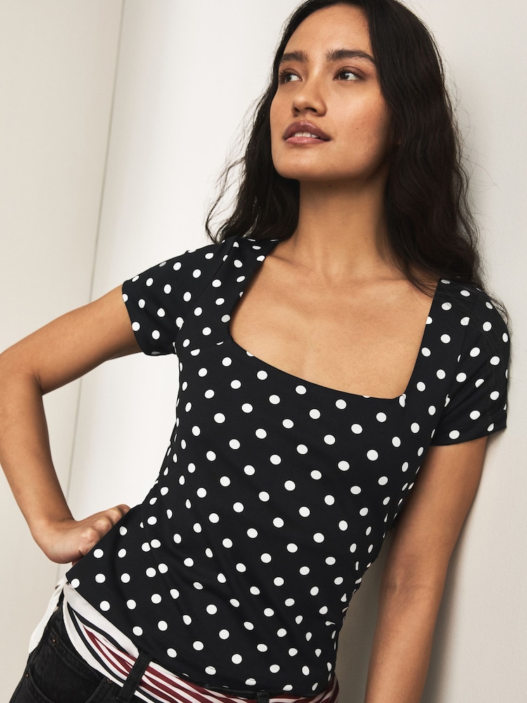 Black/Ecru Polka Dot Square Neck Short Sleeve Top - Image 1 of 7 Black/Ecru Polka Dot Square Neck Short Sleeve Top - Image 1 of 7