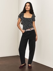 Black/Ecru Polka Dot Square Neck Short Sleeve Top - Image 2 of 7
