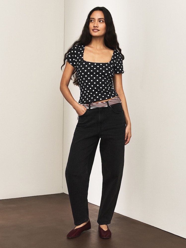 Black/Ecru Polka Dot Square Neck Short Sleeve Top - Image 2 of 7 Black/Ecru Polka Dot Square Neck Short Sleeve Top - Image 2 of 7