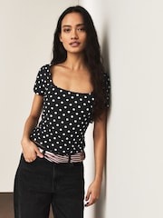Black/Ecru Polka Dot Square Neck Short Sleeve Top - Image 3 of 7