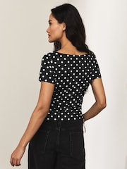 Black/Ecru Polka Dot Square Neck Short Sleeve Top - Image 4 of 7