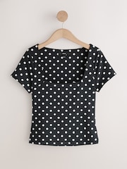 Black/Ecru Polka Dot Square Neck Short Sleeve Top - Image 5 of 7