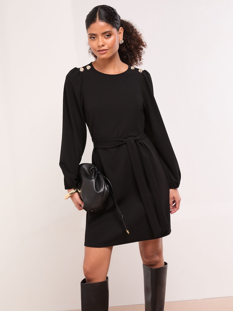 Lipsy Black Mini Military Button Long Sleeve Tie Shift Dress - Image 1 of 5