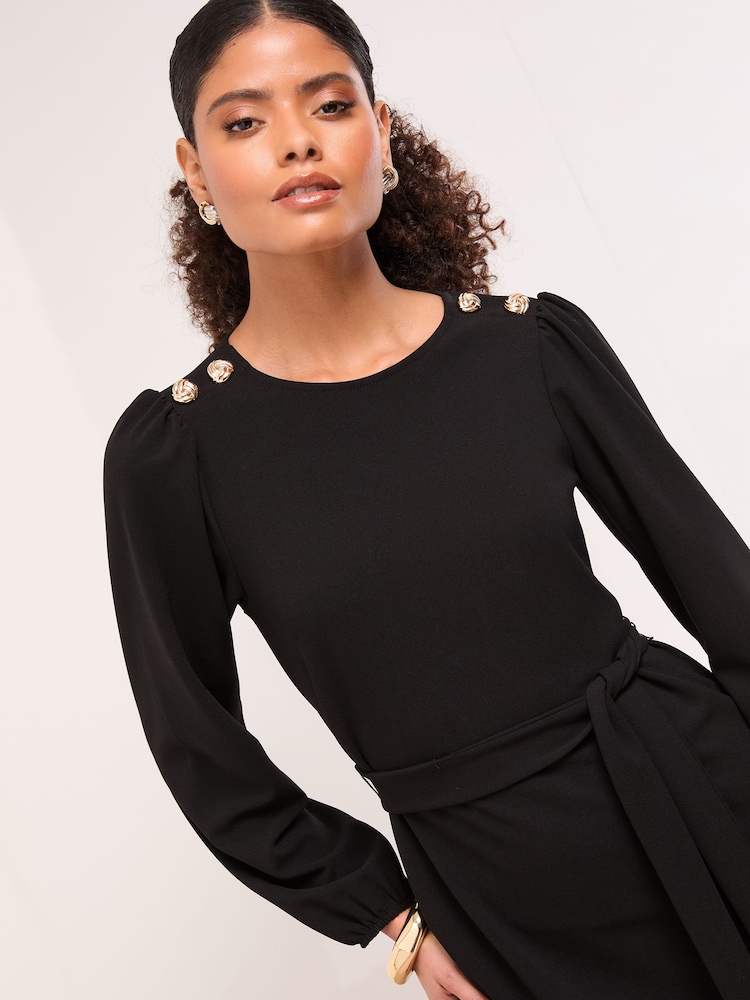 Lipsy Black Mini Military Button Long Sleeve Tie Shift Dress - Image 2 of 5