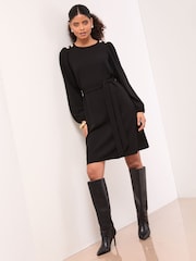 Lipsy Black Mini Military Button Long Sleeve Tie Shift Dress - Image 4 of 5