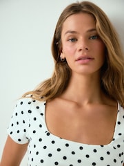 Black Polka Dot Square Neck Short Sleeve Top - Image 1 of 8