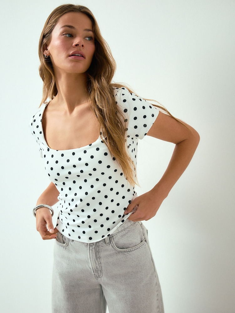 Black Polka Dot Square Neck Short Sleeve Top - Image 2 of 8 Black Polka Dot Square Neck Short Sleeve Top - Image 2 of 8