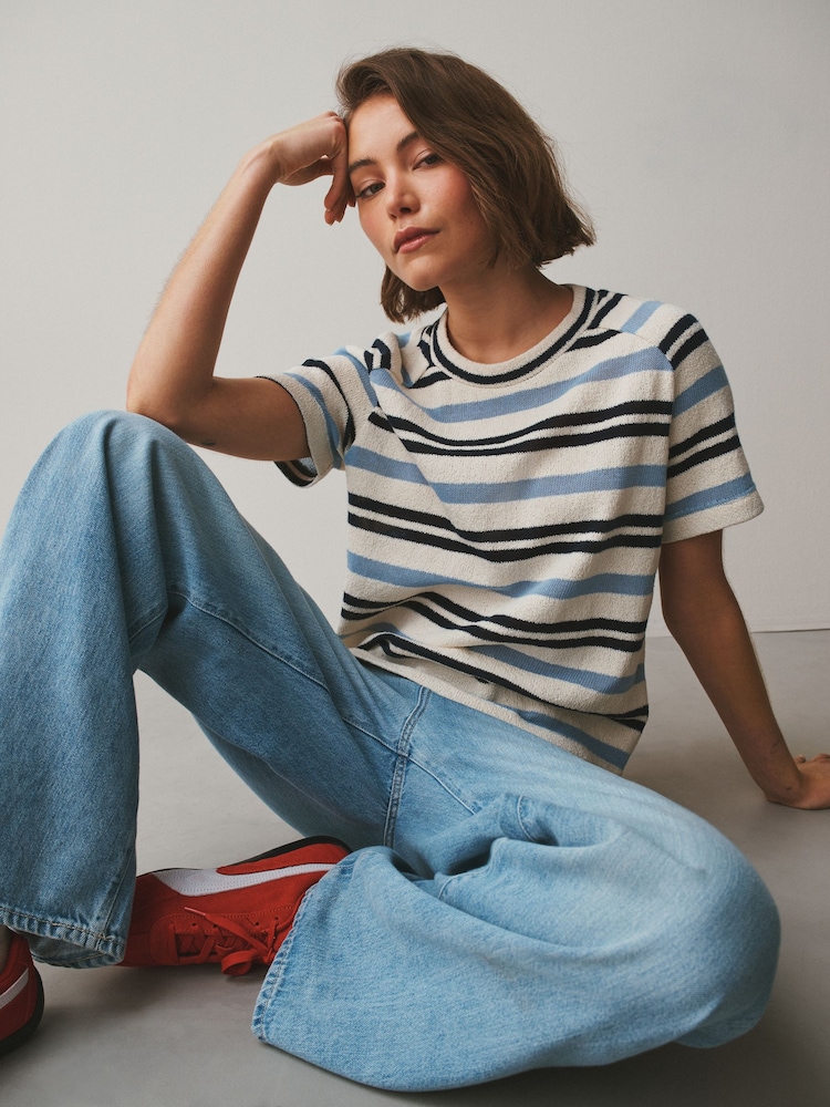 Blue/Ecru Stripe Knitlook Short Sleeve Crew Neck Top - Image 1 of 7 Blue/Ecru Stripe Knitlook Short Sleeve Crew Neck Top - Image 1 of 7
