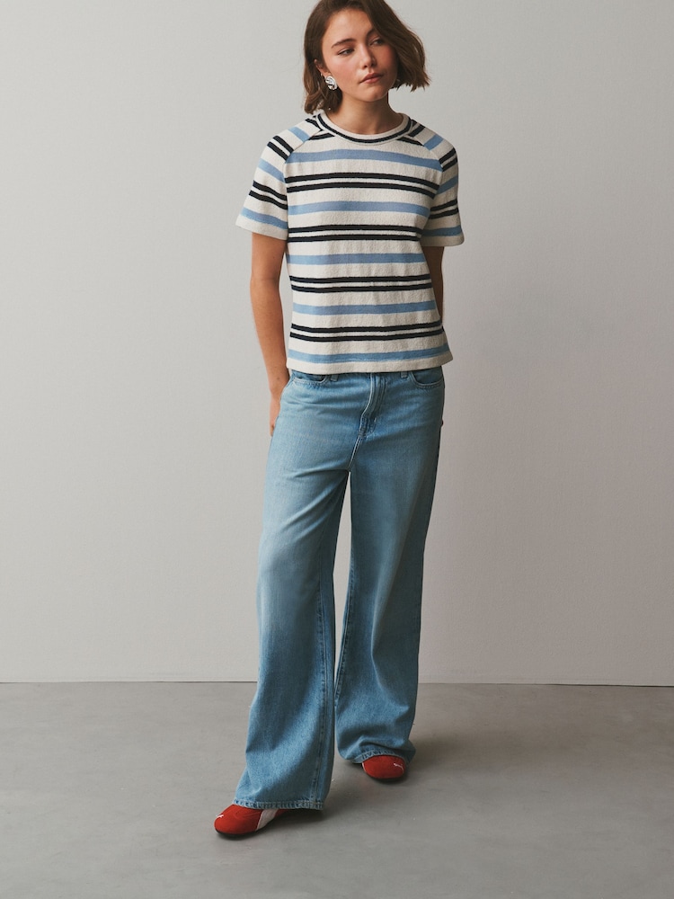Blue/Ecru Stripe Knitlook Short Sleeve Crew Neck Top - Image 2 of 7 Blue/Ecru Stripe Knitlook Short Sleeve Crew Neck Top - Image 2 of 7