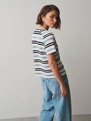 Blue/Ecru Stripe Knitlook Short Sleeve Crew Neck Top - Image 3 of 7