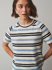 Blue/Ecru Stripe Knitlook Short Sleeve Crew Neck Top - Image 4 of 7