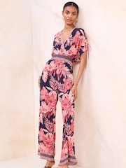 Lipsy Pink/Blue Petite Floral Kimono Sleeve Crinkle Jumpsuit - Image 1 of 4
