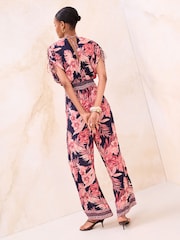 Lipsy Pink/Blue Petite Floral Kimono Sleeve Crinkle Jumpsuit - Image 2 of 4