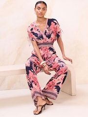 Lipsy Pink/Blue Petite Floral Kimono Sleeve Crinkle Jumpsuit - Image 3 of 4
